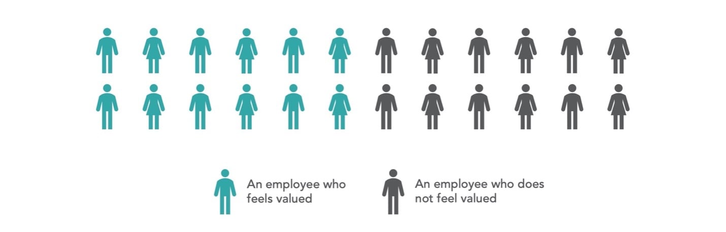 An image of a team of 24 employees - with 12 feeling valued and 12 not feeling valued