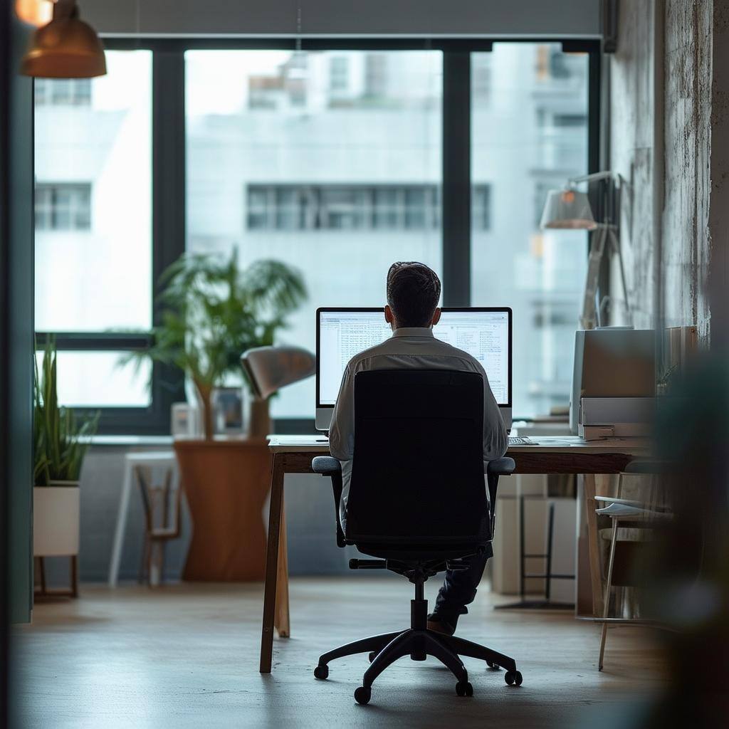 A tenured employee working alone at his computer