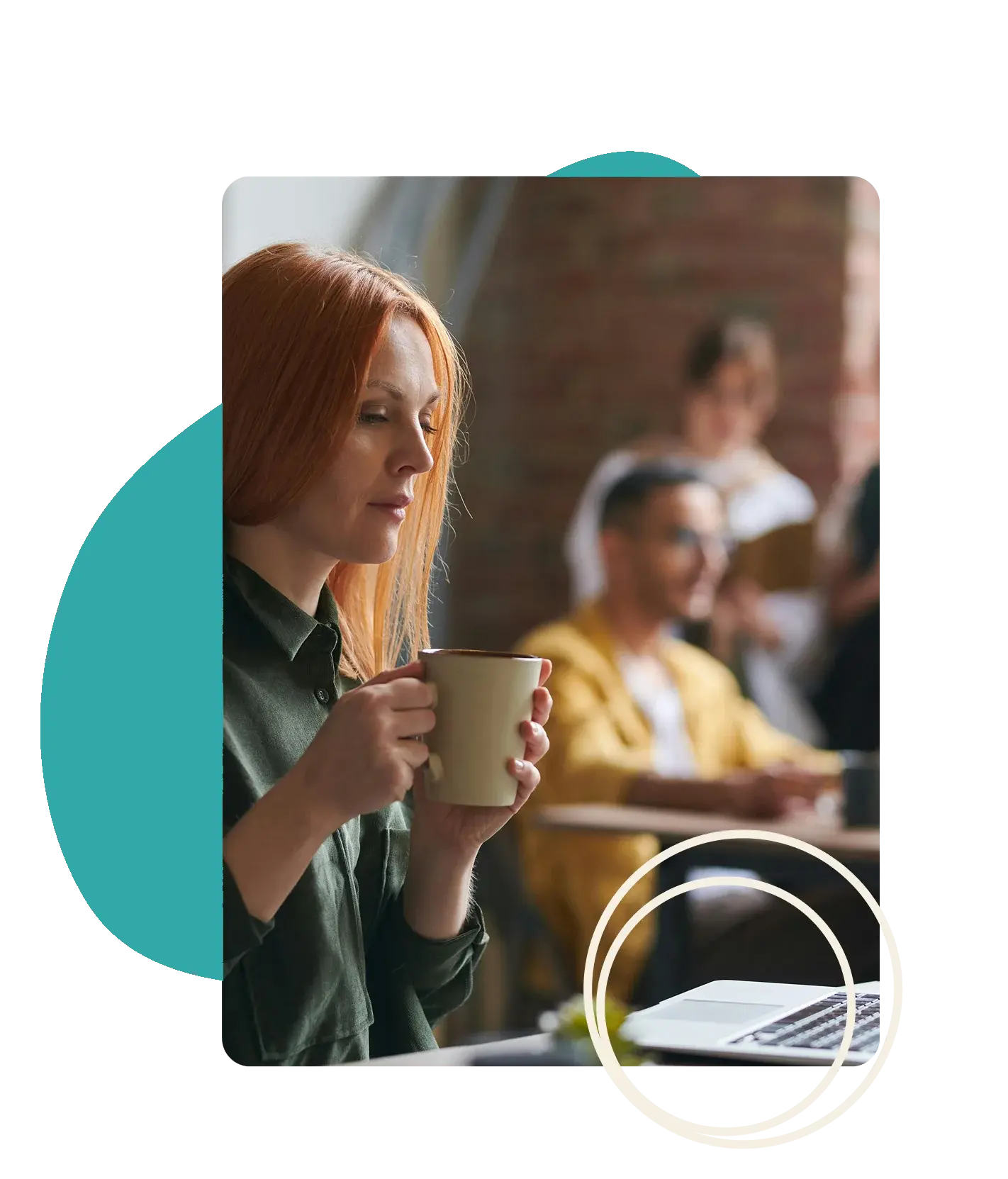 A woman reading a WorkWell Report in a coffee shop with a warm coffee
