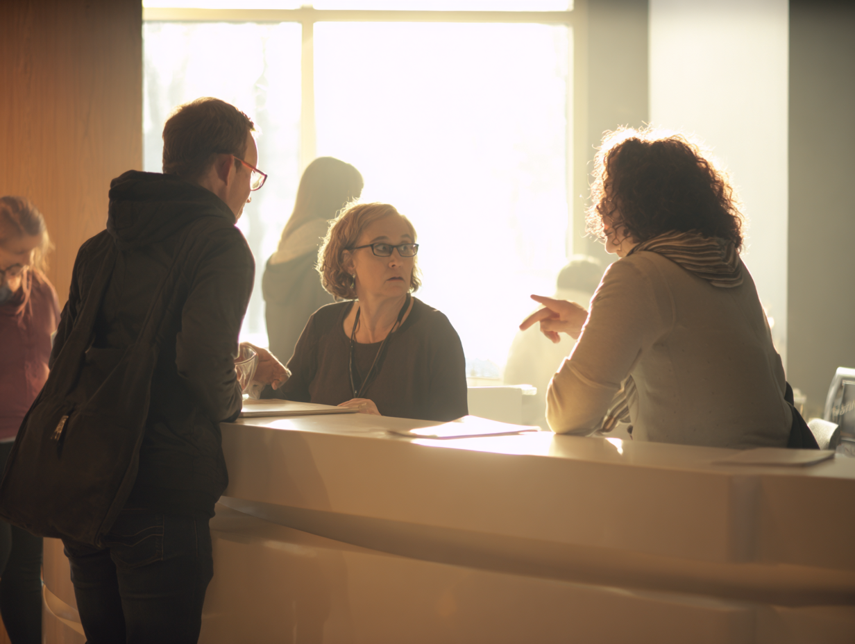 An image of two nonprofit employees dealing with an angry customer